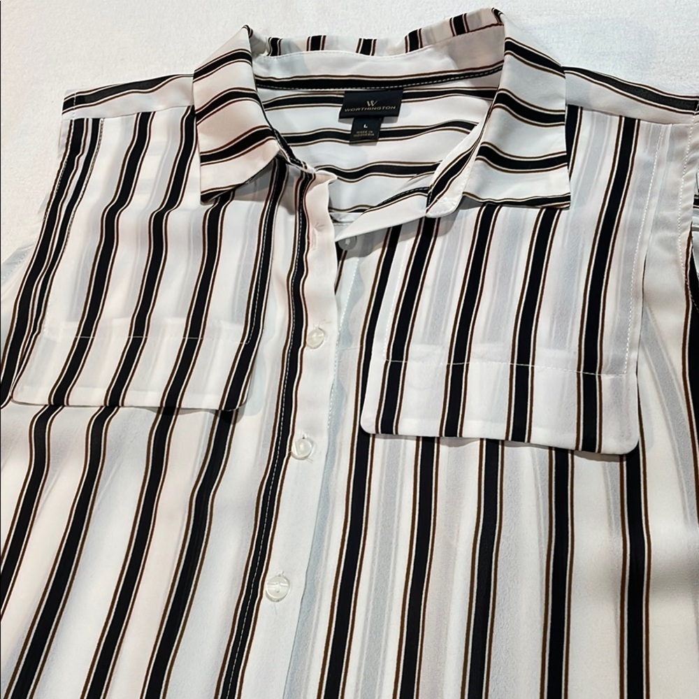 Worthington Sleeveless Button-Down Shirt Pockets Striped Black & White Large - Picture 13 of 14